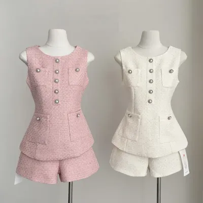 High Quality Female Tweed Sleeveless Vest Top High Waist Shorts Set Women French Slim Summer Sweet Girl Lady Two Piece Outfits