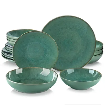 Vancasso 16/32 Piece Green Embossed Stoneware Tableware Set with 4PCS Dinner/Dessert Plate/Soup Bowl/Mug Service for 4/8/12