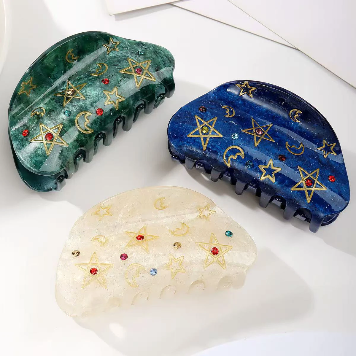 1 x niedliche Halbkreis-Haarspangen aus Acryl mit Mond und Stern, geschnitzte goldene Linie, geeignet für den täglichen Gebrauch von Frauen und Ramadan Image