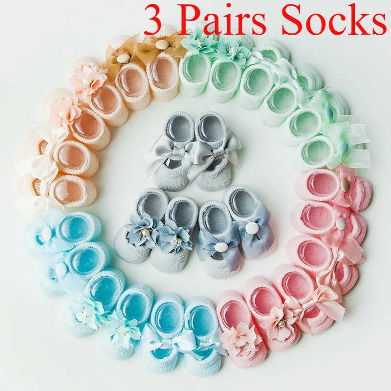 3 Paare/satz Baby Baumwolle Baby Socken Kleinkind Infant Anti-slip Socken Cartoon Neugeborenen Boden Socken Mädchen Bogen-knoten spitze Socke Image