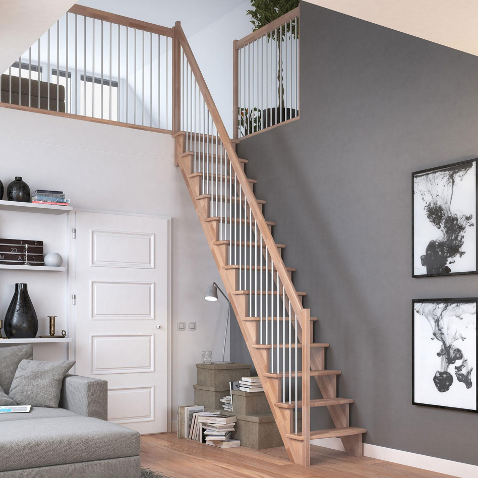 DOLLE Raumspartreppe Wangentreppe Lyon, 75 cm, Buche,Geradelaufend,Metallstäbe rechts,versiegelt Image