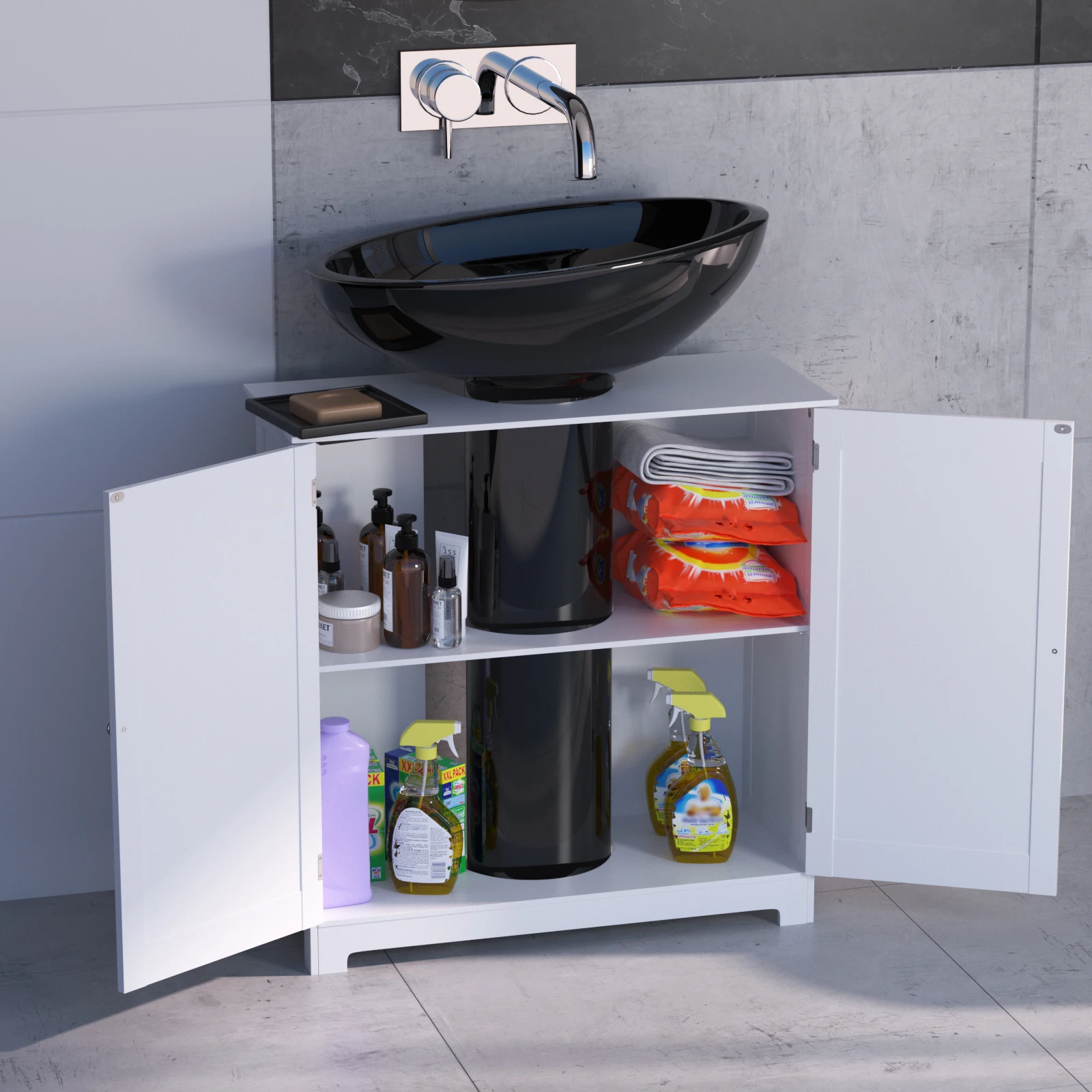 Mobiletto da bagno sotto il lavabo con 2 ante, mobile portaoggetti per lavabo in legno autoportante, mobiletto per lavabo con ripiano, 60 x 60 x 30 cm