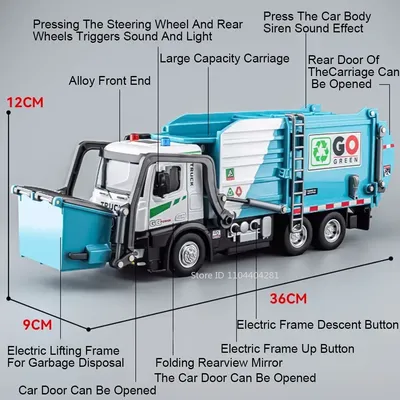 1:18 Electric Sanitation Garbage Truck Toy Cars Model Alloy Water Tanker Diecast Light Sound Vehicle