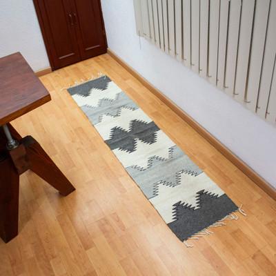Grey Trends,'Minimalist Zapotec Grey and Beige 100% Wool Runner (1x6)'