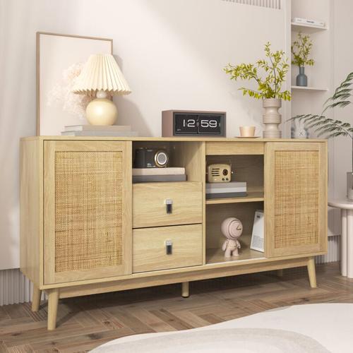 Buffet bois, buffet cannage avec 3 portes coulissantes en cannage et 2 tiroirs