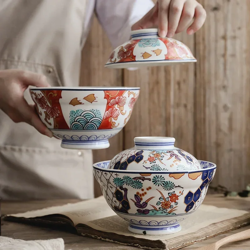 6 Inch Round Household Japanese Underglaze Ceramic Soup Bowl Steam Bowl Noodle Bowl with Lid Household