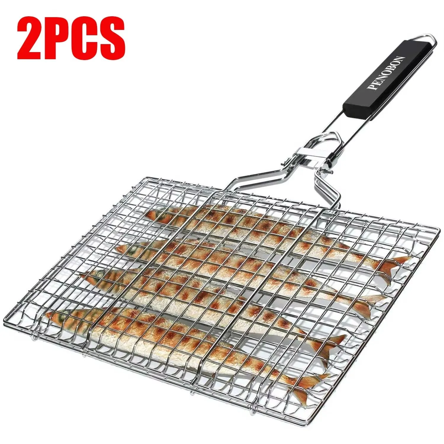 Grillfischkorb, zusammenklappbarer tragbarer Grillkorb aus Edelstahl mit abnehmbarem Griff und Aufbewahrungstasche Image