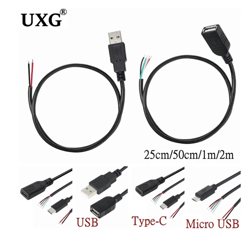 Micro USB A Tipo-C Cavo Femmina Maschio Jack Cavo di Prolunga di Alimentazione 4 Pin 2 Pin 4 Fili Linea Dati FAI DA TE Cavo di Ricarica 0.25m-2m