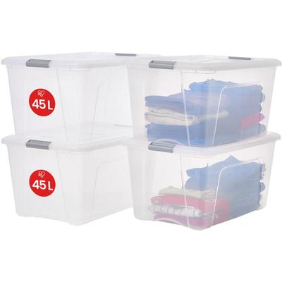 Aufbewahrungsboxen mit Deckel, 45L, 4er-Set, Silber, Sicherer Verschluss, Stapelbar, Griffe, Image