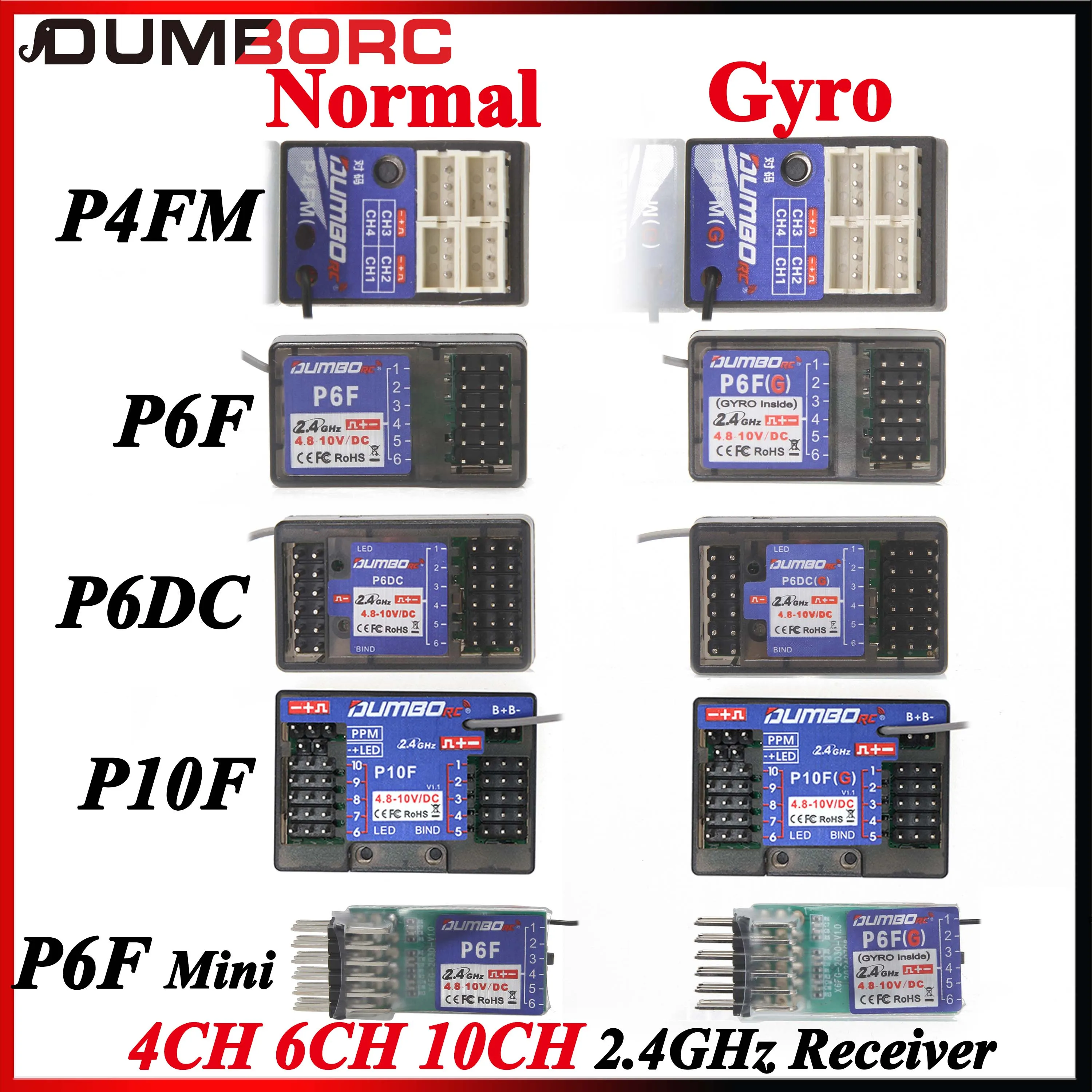 DUMBORC P6DC P10FG P4FMG P6FG MINI 4CH 6CH 10CH 10 Channel Gyro Receiver Voltage Return for X4 X6 Transmitter RC Car Boat