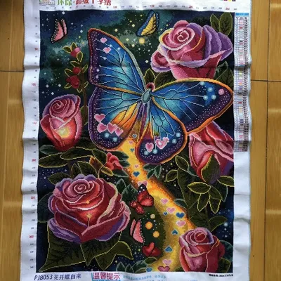 Cross stitch finished products in stock, flowers blooming and butterflies coming from scratch, pure handmade embroidery,new50*70