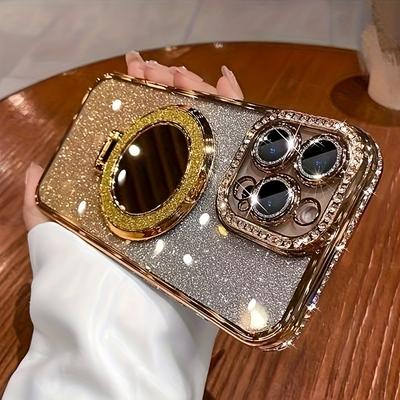 TEMU Double Row Diamond Mirror Magnetic Full Coverage Lens Mobile Phone Case, Suitable For 15 14 11 Pro Max, Transparent Anti-fall Soft Gel Protective Case