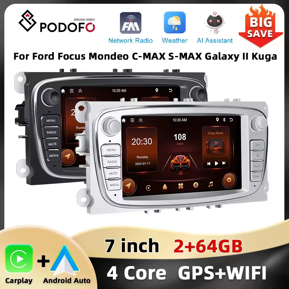 Podofo 7'' Android Multimedia Player for Ford Focus Mondeo C-MAX S-MAX Galaxy II Kuga GPS Navigation 2+64G Carplay Android Auto Image