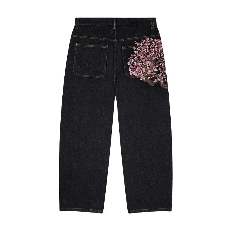 Y2K Goth Vintage Jeans Pflaumenblüten Stickerei Harajuku Muster Denim Stoff Hose mit weitem Bein Amerikanischer Stil Männer Frauen Streetwear Image