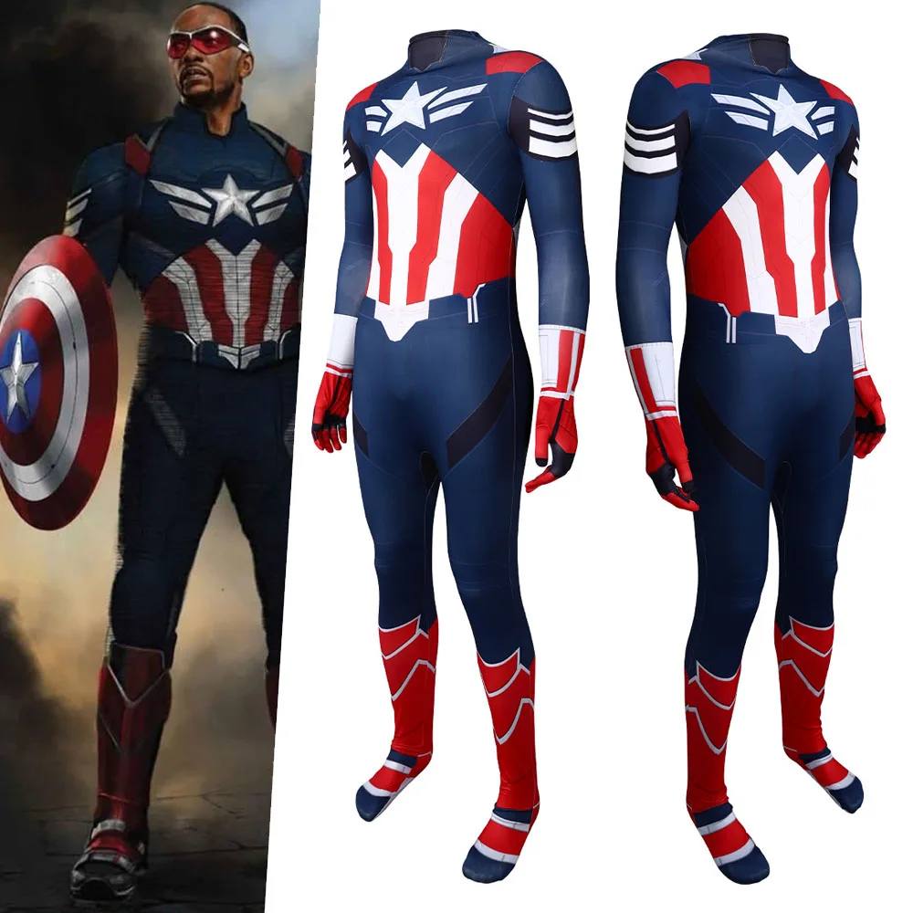 Fantasia Captain Cosplay Kostüm America Disguise für Erwachsene Männer Overall Superheld Roleplay Outfit Halloween Karneval Party Anzug Image