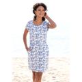 Jerseykleid BEACHTIME, Damen, Gr. 36, N-Gr, blau (blau, creme, bedruckt), Jersey, Obermaterial: 65% Baumwolle, 35% Polyester, bedruckt, geblümt, casual, figurumspielend kniefrei, Rundhals, Kurzarm, Kleider, mit Blumenmuster und Taschen, Sommerkleid...