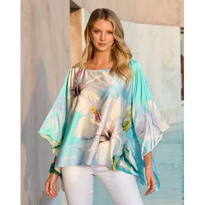 Boston Proper - Exploded Hibiscus Blue - Print Charmeuse Poncho - Small/Medium