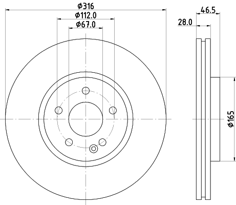 HELLA Bremsscheibe 8DD 355 104-341 vorne rechts links belüftet 316mm für MERCEDES-BENZ A2104211712 A2104212012 A210421171264 Image