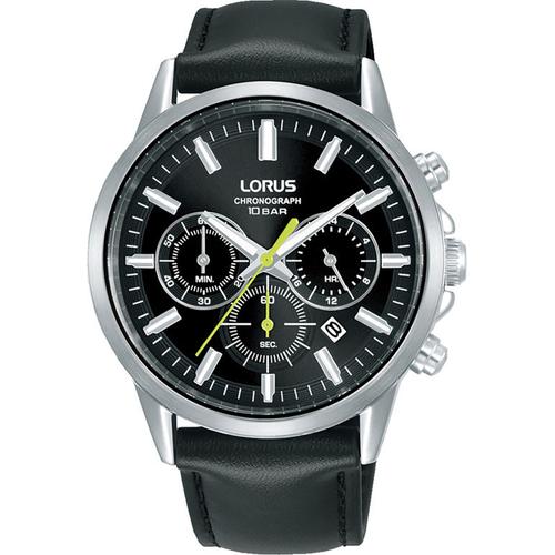 Chronograph LORUS, schwarz, schwarz, Armbanduhren, Herren, Quarzuhr, Armbanduhr, Herrenuhr, Lederarmband, Stoppfunktion, Tag