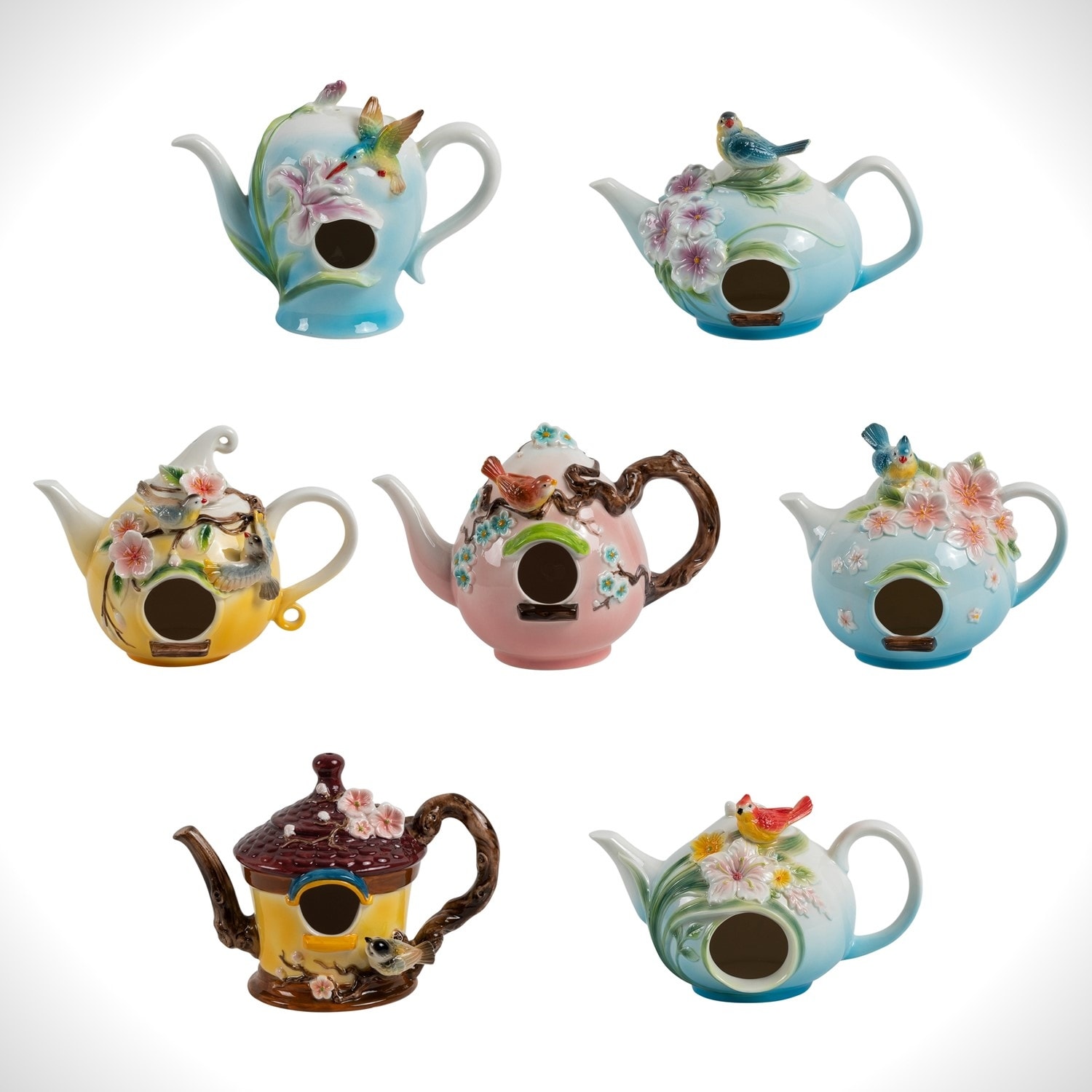 7 Assorted Hanging Hand Painted Porcelain Teapot Birdhouses