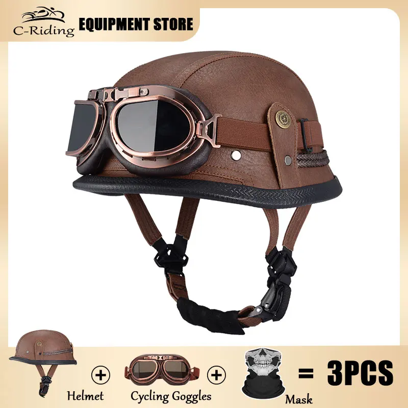 Neuer bequemer deutscher Soldat Cruise Vintage Halbhelm weibliches Pedal männlicher Helm Motorrad Mark Helm Leder Casco Moto Image