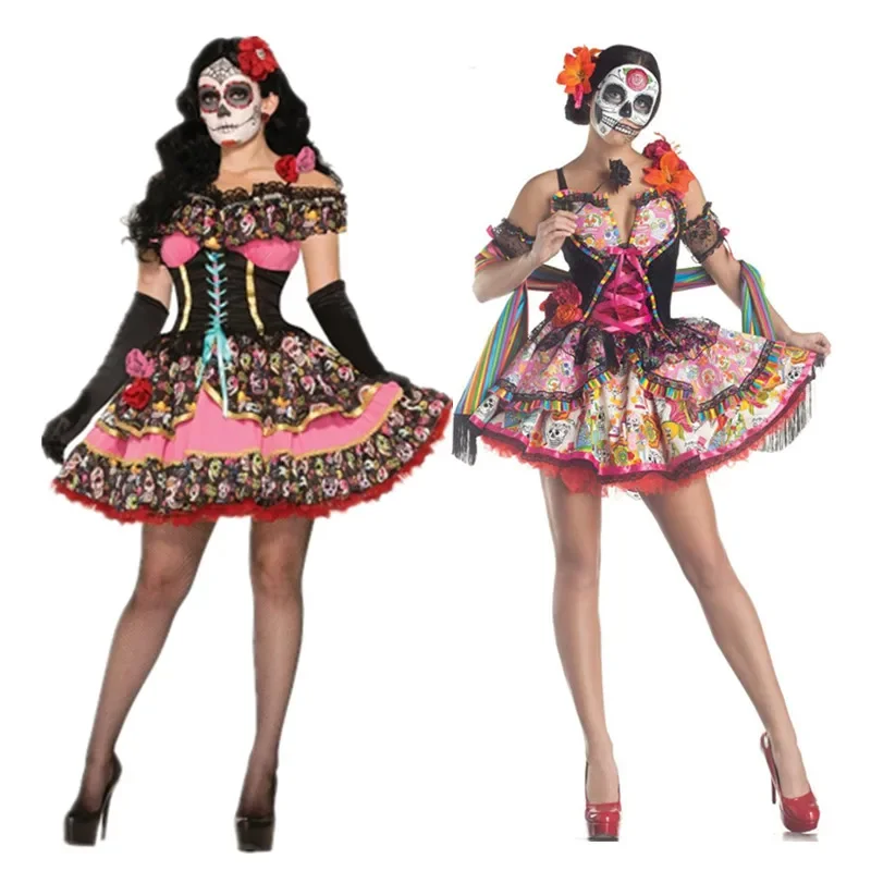 Karneval Party Halloween Mexiko Tag der toten Frauen sexy Zucker Schädel Blume Fee Geist Braut Kostüm Cosplay Kostüm Image