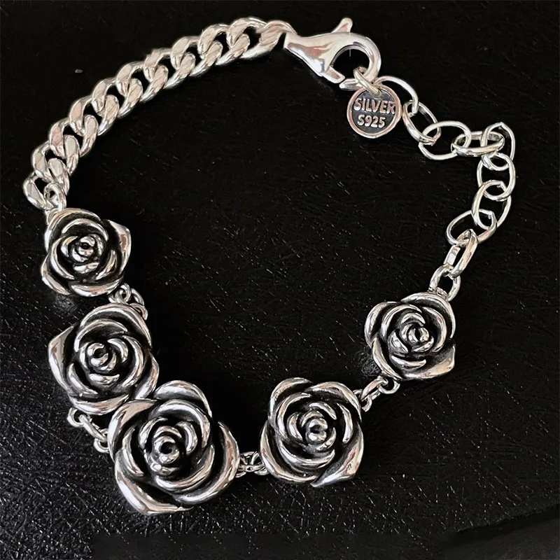 925 Sterling Silber Armband Rose Blume Verbunden Vintage Punk Einstellbare Kette Für Frau Mädchen Schmuck Geschenk Dropship Großhandel