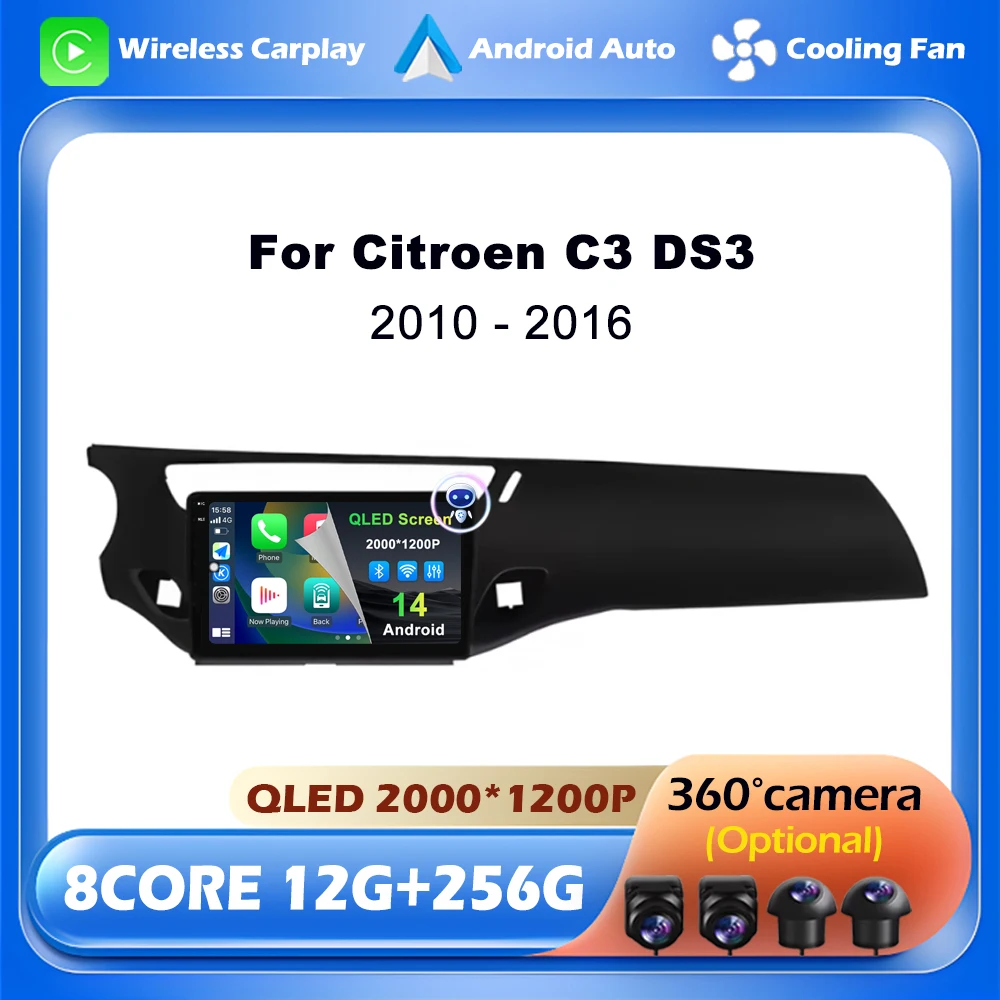 QLED Schermo Android Auto Carplay Per Citroen C3 DS3 2010 - 2016 Autoradio Video Lettore Multimediale WiFi Navigazione GPS DSP Stereo