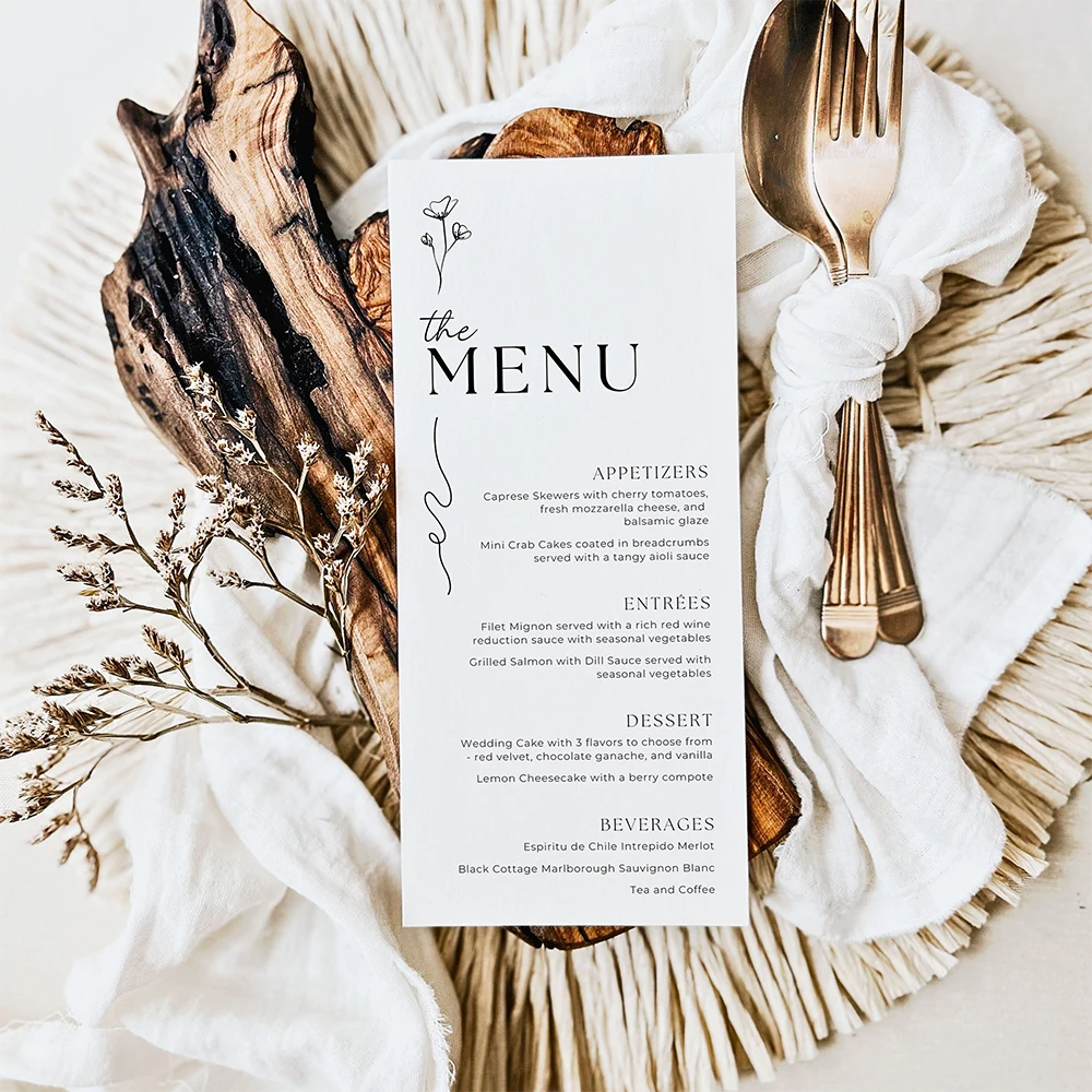 Personalisierte Tischkarte, Hochzeitsmenü, individuelle minimalistische Tischdekoration, Tischdekoration, Partyzubehör, Brunch für Dusche und Abendessen Image