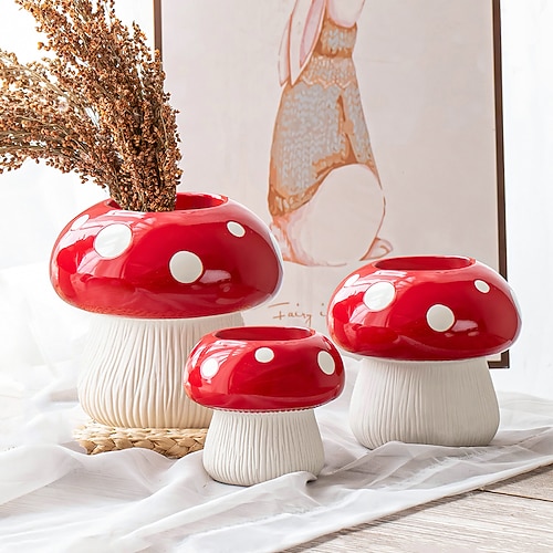 rote pilzförmige Blumenvase mit weißen Punkten, farbenfroher Tischübertopf aus Kunstharz, dekorative Hydrokulturvase für die Dekoration zu Hause, im Hotel und im Restaurant Image