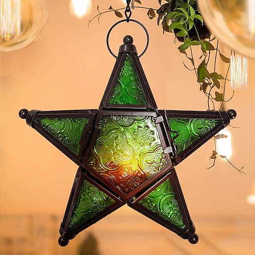 Vintage-Kerzenhalter-Laterne aus Buntglas in Sternform aus Eisenkunst, fünfzackiger, hängender, winddichter Teelichthalter, dekorative Kerzenlaterne aus Eisenglas für Zuhause, Bar, Restaurant und zum Image