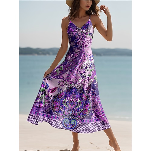 Damen Maxidress Casual kleid A Linie Kleid Urlaub Vintage Ethnisch Täglich Regular Fit Graphic Vintage Böhmische Ärmellos V Ausschnitt Rosa Blau Purpur Grün Sommer Frühling Herbst Image