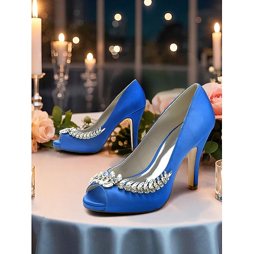 blaue Satin-Peep-Toe-Pumps mit Kristallverzierung – luxuriöse Hochzeits- und Ballschuhe für Damen Image
