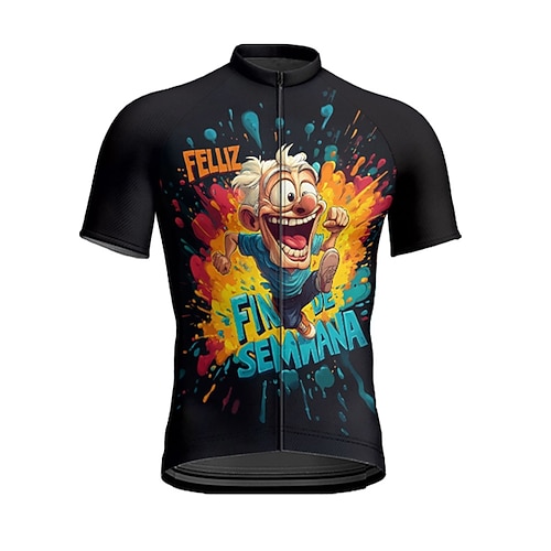 Herren Radtrikot Cartoon Buchstaben Zahlen Kurzarm Fahhrad T-Shirt Trikot mit 3 Gesäßtaschen Mountainbike MTB Schnelltrocknend Anatomisches Design Feuchtigkeitsableitend Atmungsaktiv Sport Schwarz Image