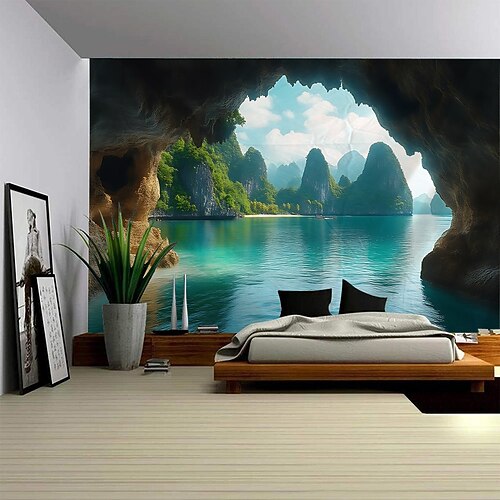 Eine Felsenhöhle mit Meerblick Wandteppich Wandkunst Großer Wandteppich Mural Deko Fotohintergrund Decke Vorhang Wohnen Schlafzimmer Wohnzimmer Deko Image