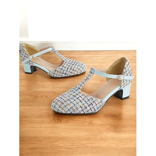 Damen-Mary-Jane-Pumps aus Tweed mit T-Riemen im 50er-Jahre-Stil – Schuhe mit niedrigem Blockabsatz im Vintage-Stil für elegante Bürokleidung, Hochzeiten und besondere Anlässe Image