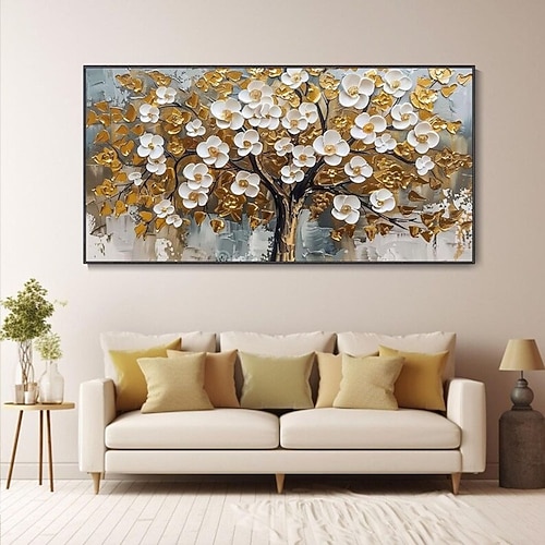 3D strukturiertes Goldölgemälde, handgemalte Wandkunst, Goldfoliengemälde, Bäume, Kunstgemälde, handgemachtes goldweißes blühendes Turmbaumgemälde auf Leinwand für Wohnzimmerkunst, Naturmalerei, Image