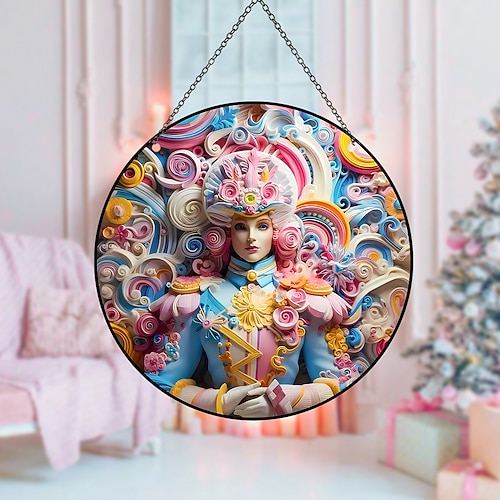 rosa, rundes Fenster-Hängeornament, lustiges König-, Königin-, Soldaten-Quilling-Design, bunt bedrucktes dekoratives Acryl-Etikett für Balkon, Fenster und Gartendeko Image