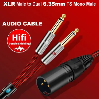Dual 6.35mm Jack 1/4'' Mono TS to XLR Male 3-Pin Audio Cable for Amplifier Mixer Home Stereo Systems