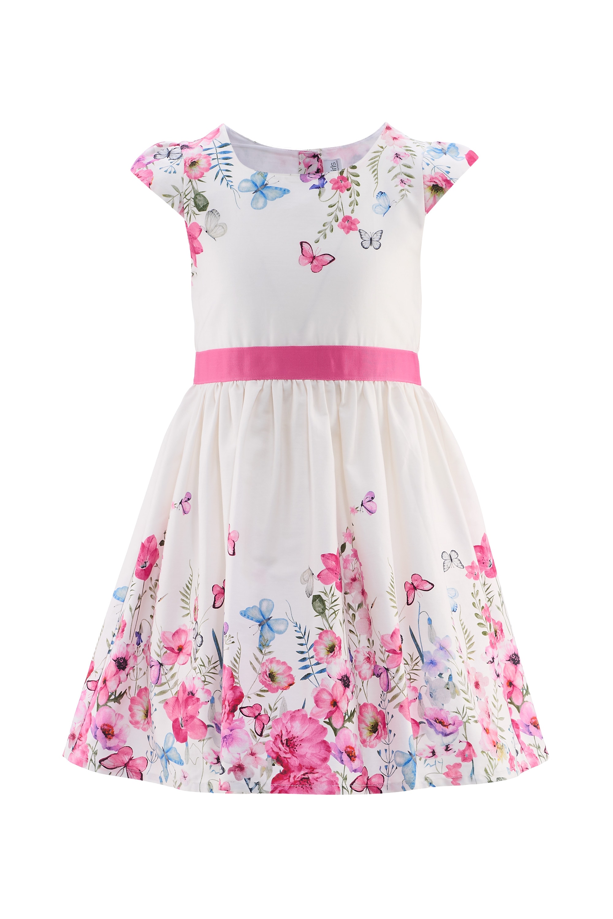 Minikleid HAPPY GIRLS, Mädchen, Gr. 104, N-Gr, beige (ecru), Jersey, Obermaterial: 95% Baumwolle, 5% Elasthan. Futter: 100% Baumwolle, bedruckt, Elegant, regular fit knielang, Rundhals, Kleider Image