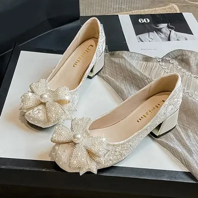 New Women Shoes Modern Pumps Girl Luxury Silk Bowknot High Heels Shoes Ladies Party Pearl Boat Shoes