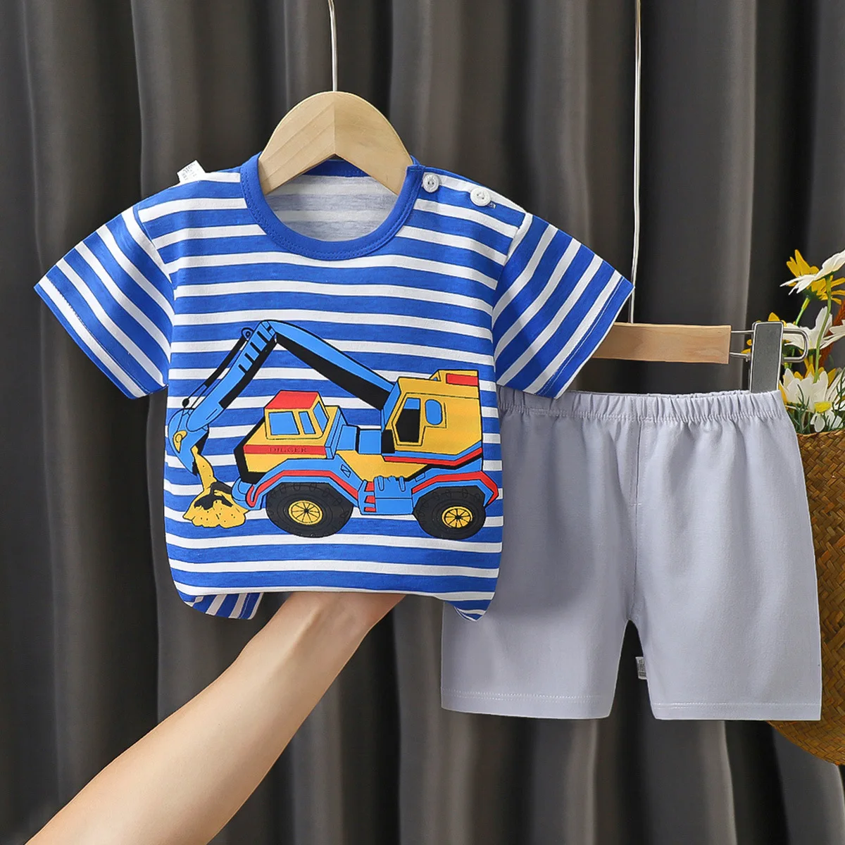 Sommer Baby Jungen Kleidung Anzug Cartoon Bagger Baumwolle Kurzarm Top + Shorts 2 stücke Set Kinder Junge Kinder Pyjamas anzug 0-4T Image
