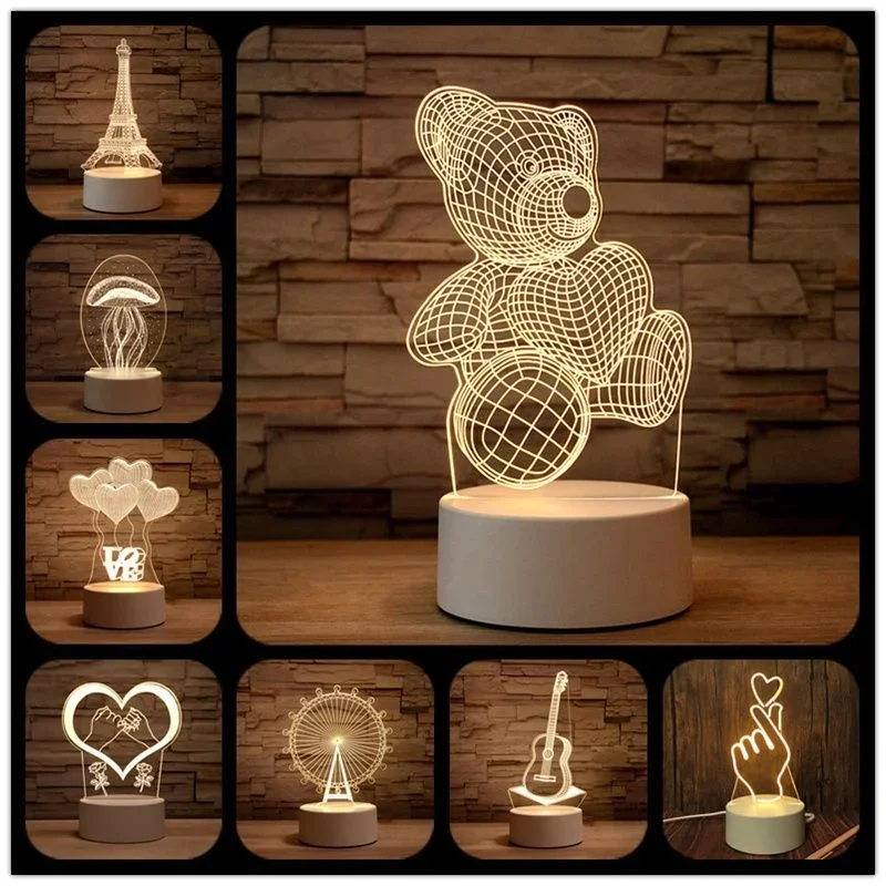 1pc USB Betrieben Nachtlicht Kreative 3D Acryl Schlafzimmer Nacht LED Tisch Lampe Ornamente Weihnachten Urlaub Geburtstag Event Geschenk Image
