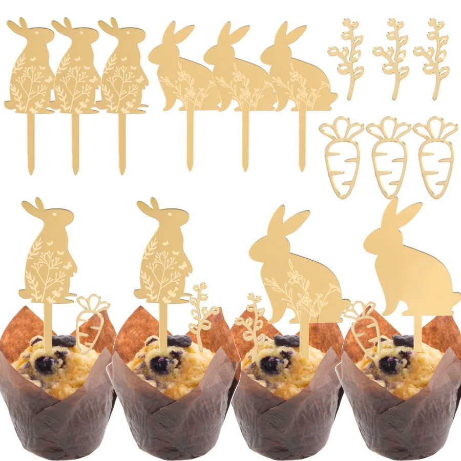 3/5 stücke Ostern Gold Acryl Kuchen Topper Spiegel Gesicht Niedlichen Häschen Hohl Karotte Pflanze Frühling Ostern Party Backen Cupcake Dekoration Image
