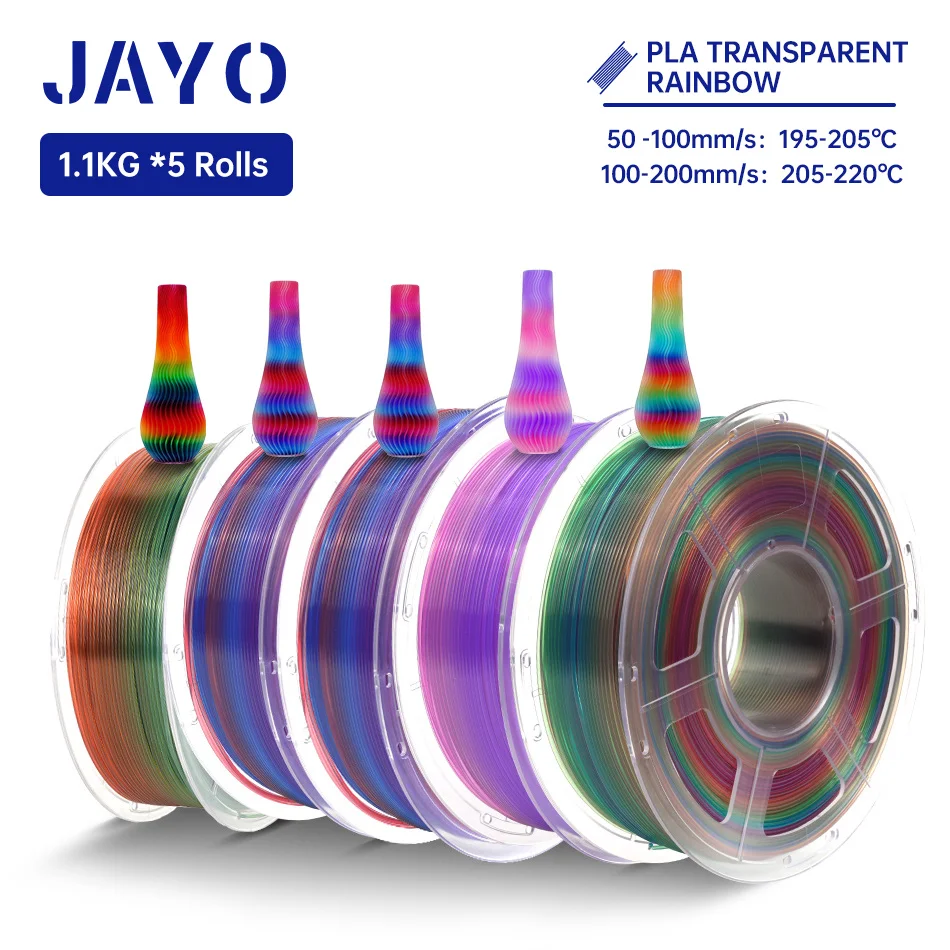 JAYO PLA-Regenbogen-Filament, 1,75 mm, 5 Rollen, PLA, transparent/Seide, PLA-Regenbogen-3D-Filament für FDM, ordentlich gewickeltes 3D-Druckmaterial Image