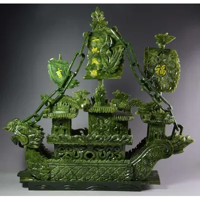 38cm Large Chinese Hand Carved 100% Natural Jade Incense statue Dragon Boat NT