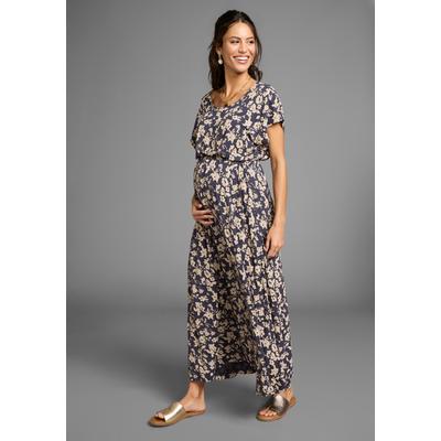 Umstandskleid NEUN MONATE "Langes Schwangerschafts- und Still-Kleid", Damen, Gr. 42, N-Gr, blau (blau geblümt), Jersey, Obermaterial: 95% Viskose, 5% Elasthan. Futter Oberteil: 95% Viskose, 5% Elasthan, modisch, ausgestellt, Rundhals, Kurzarm,... Image