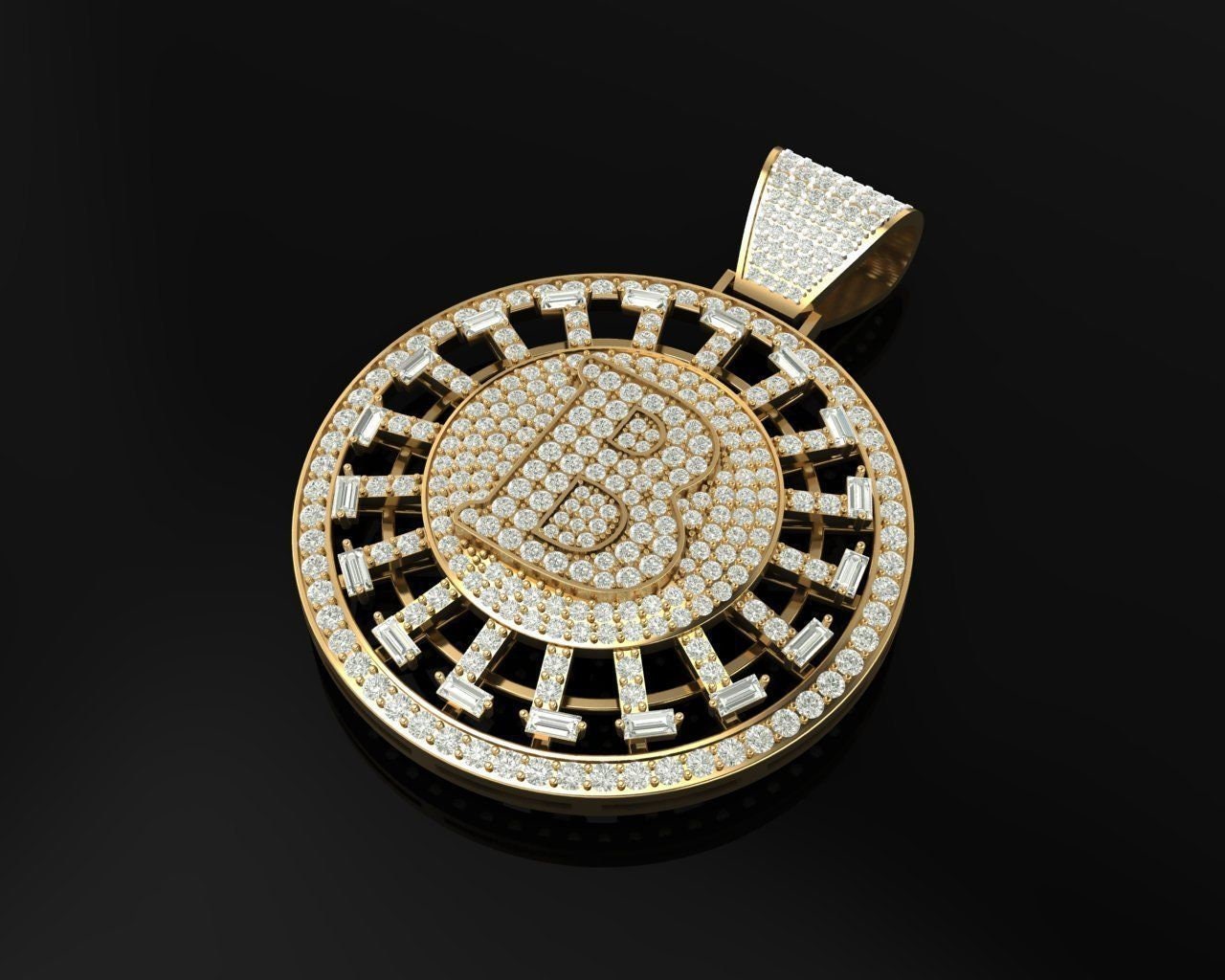 Bling Bitcoin Anhänger * 6,42 Karat Moissanit mit 10k / 14k / 18k Weiß, Gelb, Rose, Grün Gold, Vergoldet & Silber * Geld Charm Halskette