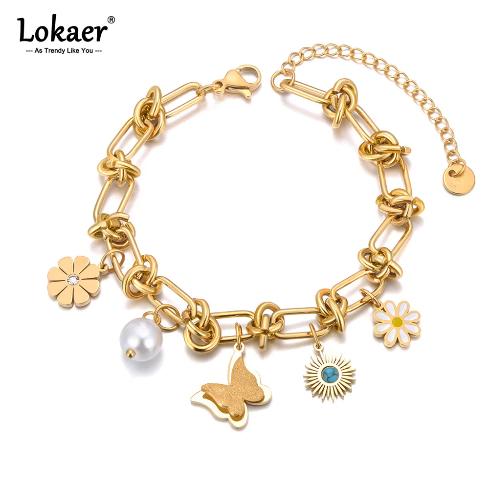 Lokaer Neue Design Schmetterling Blume Charm Armband Edelstahl Gold Farbe Rostfrei Schmuck für Frauen Drop Shipping B25024 Image