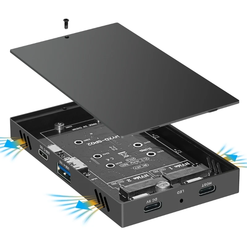 Double Bay M.2 NVME SSD-Gehäuse mit USB3.2 GEN2 10G Typ C 10 Gbit/s HUB unterstützt vier Festplatten für 2230 2242 2260 2280 Image
